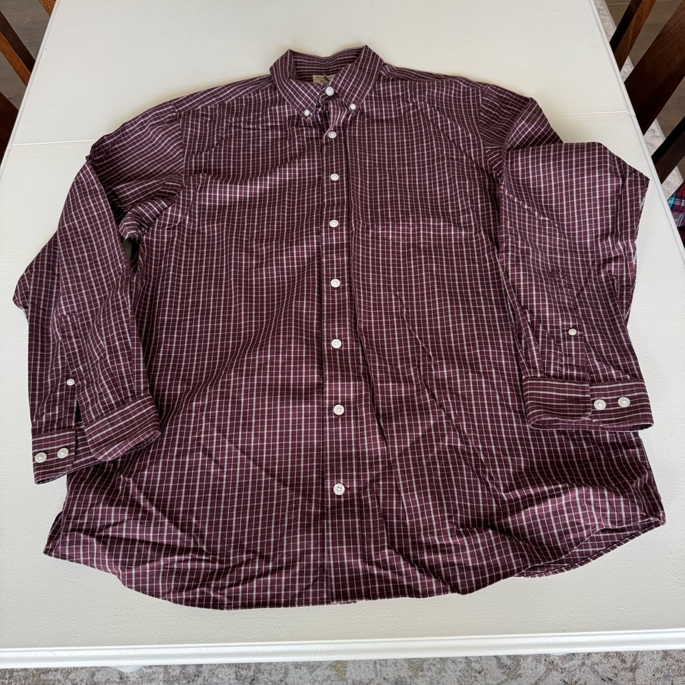 Duluth Trading Co Wrinkle Fighter Burgundy Plaid Button Down Shirt Size XL Tall